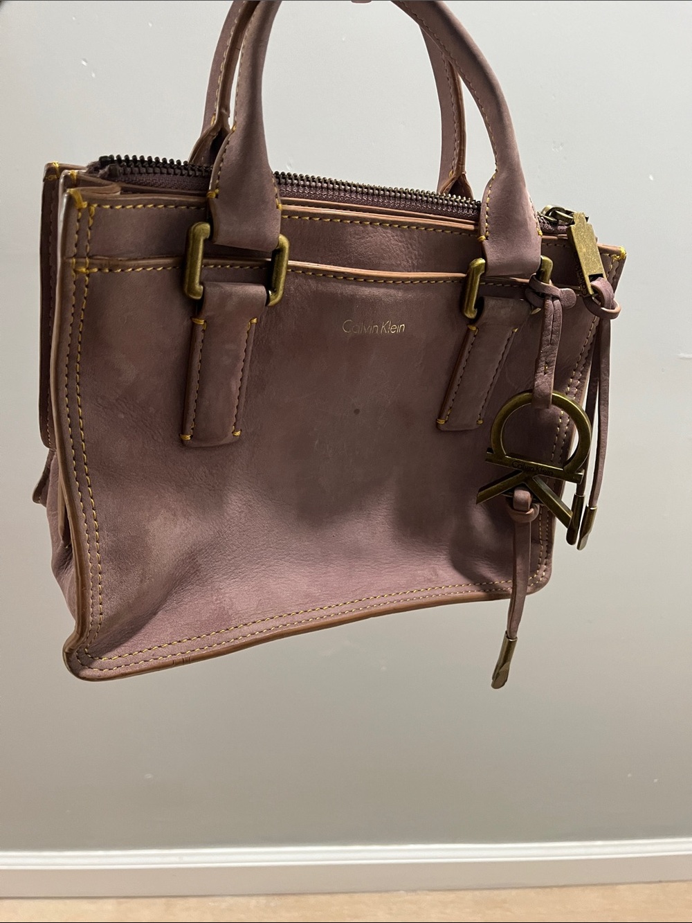 Calvin Klein Dusty Mauve Suede Satchel with Brass Accents
